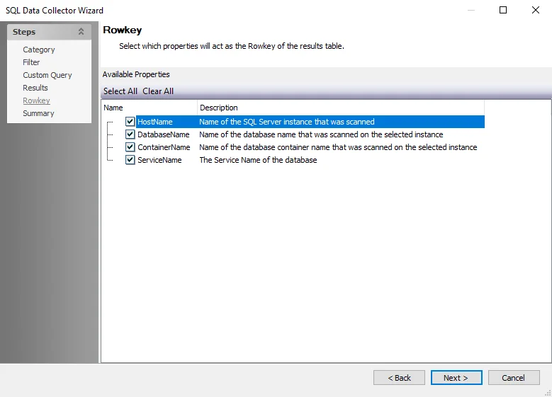 SQL Data Collector Wizard Rowkey Page