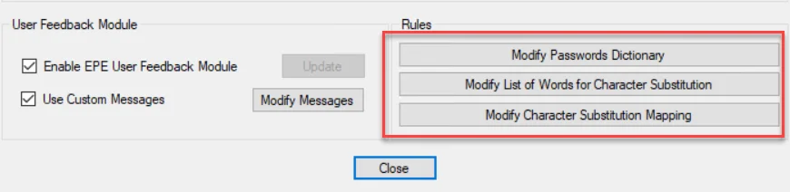 EPE Settings window - Rules area