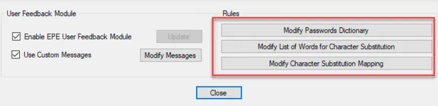 EPE Settings window - Rules area