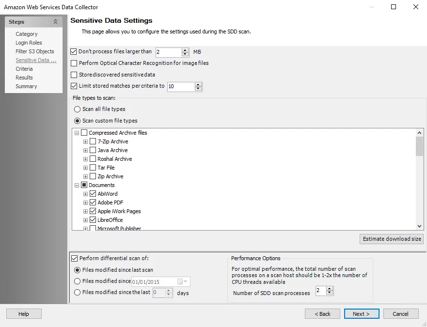 AWS Data Collector Sensitive Data Settings wizard page