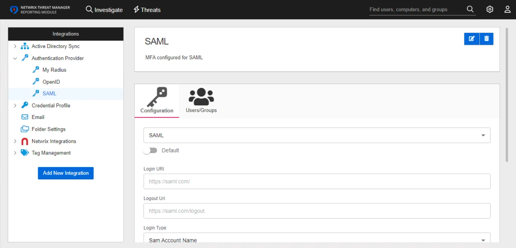 Integrations interface displaying the details for a SAML authneication provider