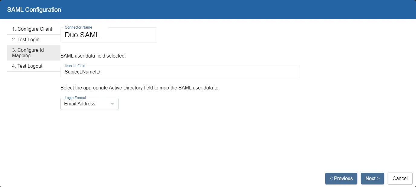 SAML Configuration wizard, Map Id