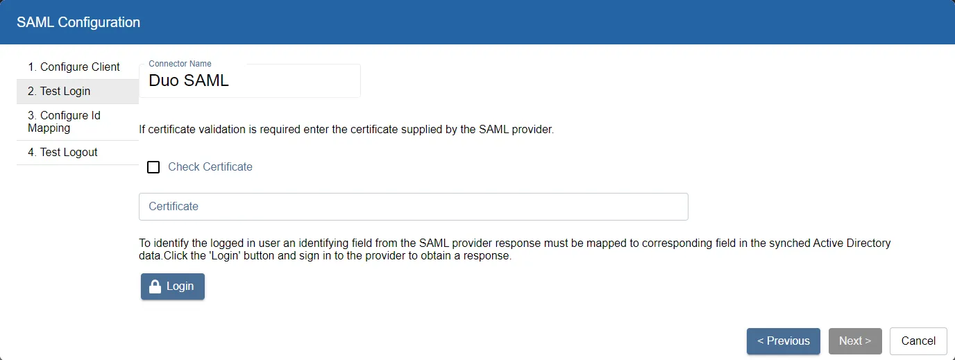 SAML Configuration wizard, Test Login page