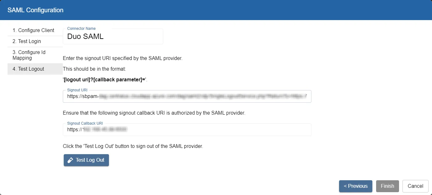 SAML Configuration wizard, Test Logout page
