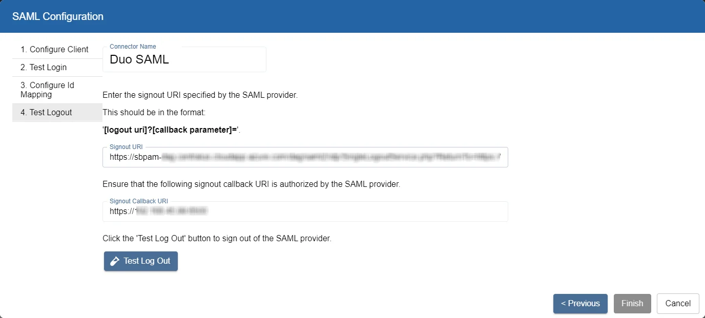 SAML Configuration wizard, Test Logout page