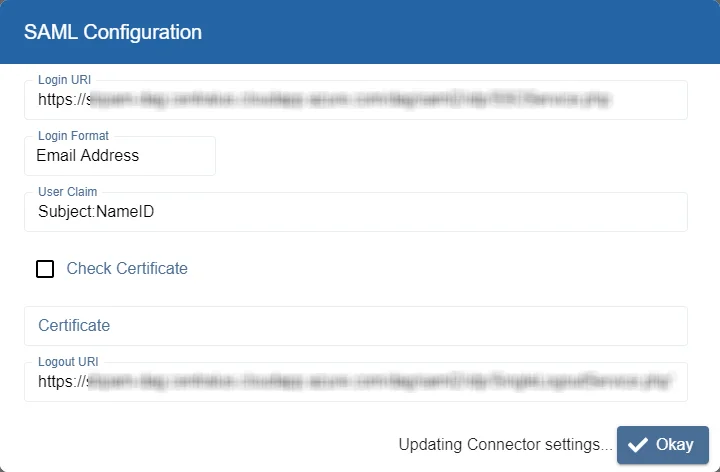 SAML Configuration updating connector settings