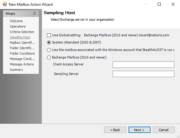 New Mailbox Action Wizard Sampling Host page
