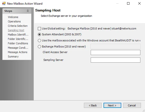 New Mailbox Action Wizard Sampling Host page