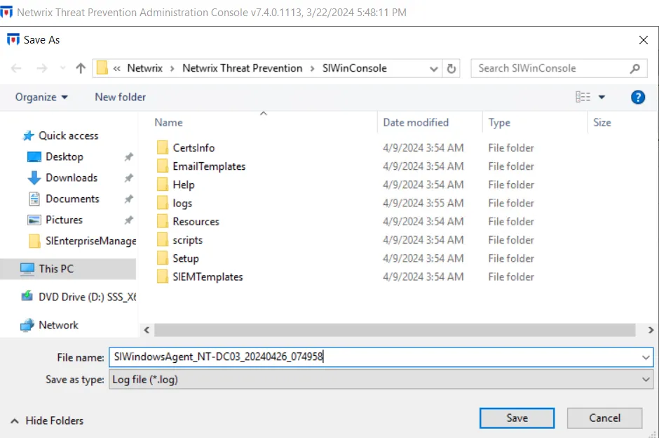 Save As window for Agent logs