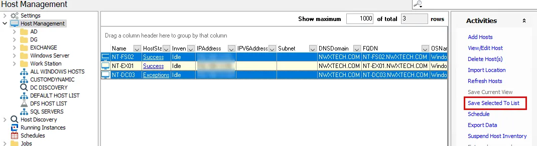 Save Selected To List option in Host Management node