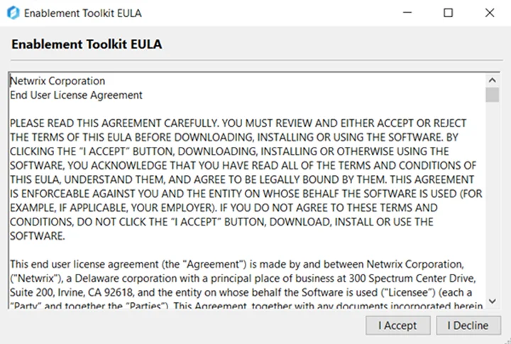SbPAM Enablement Toolkit - EULA Agreement window