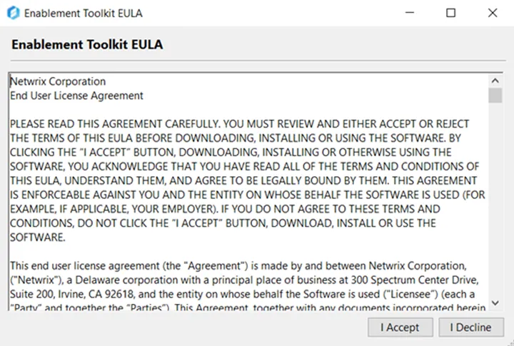 SbPAM Enablement Toolkit - EULA Agreement window