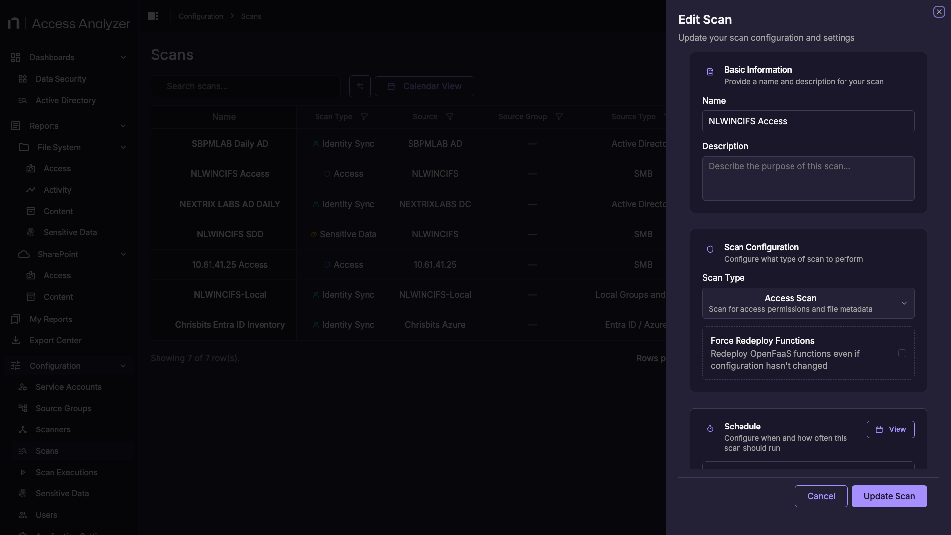 Edit Scan panel for a File Server access scan showing Basic Information, Scan Configuration, and Schedule sections
