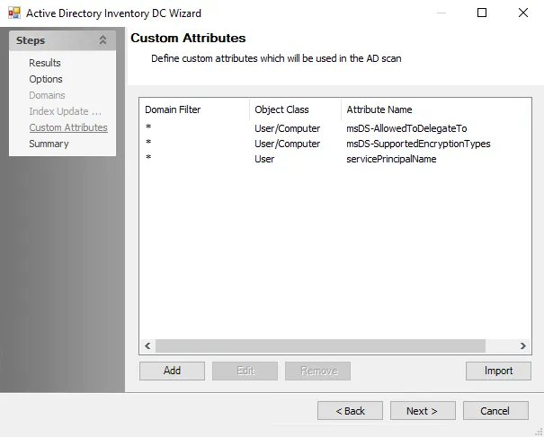 Entra ID Inventory DC Wizard Custom Attributes page