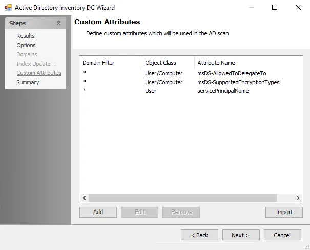 Active Directory Inventory DC Wizard Custom Attributes page