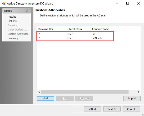Active Directory Inventory DC Wizard Custom Attributes page