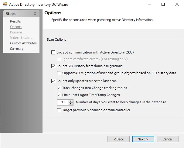 Active Directory Inventory DC Wizard Options page