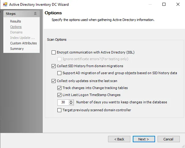 Entra ID Inventory DC Wizard Options page