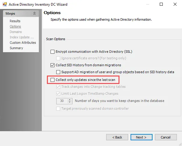 Active Directory Inventory DC Wizard Options page
