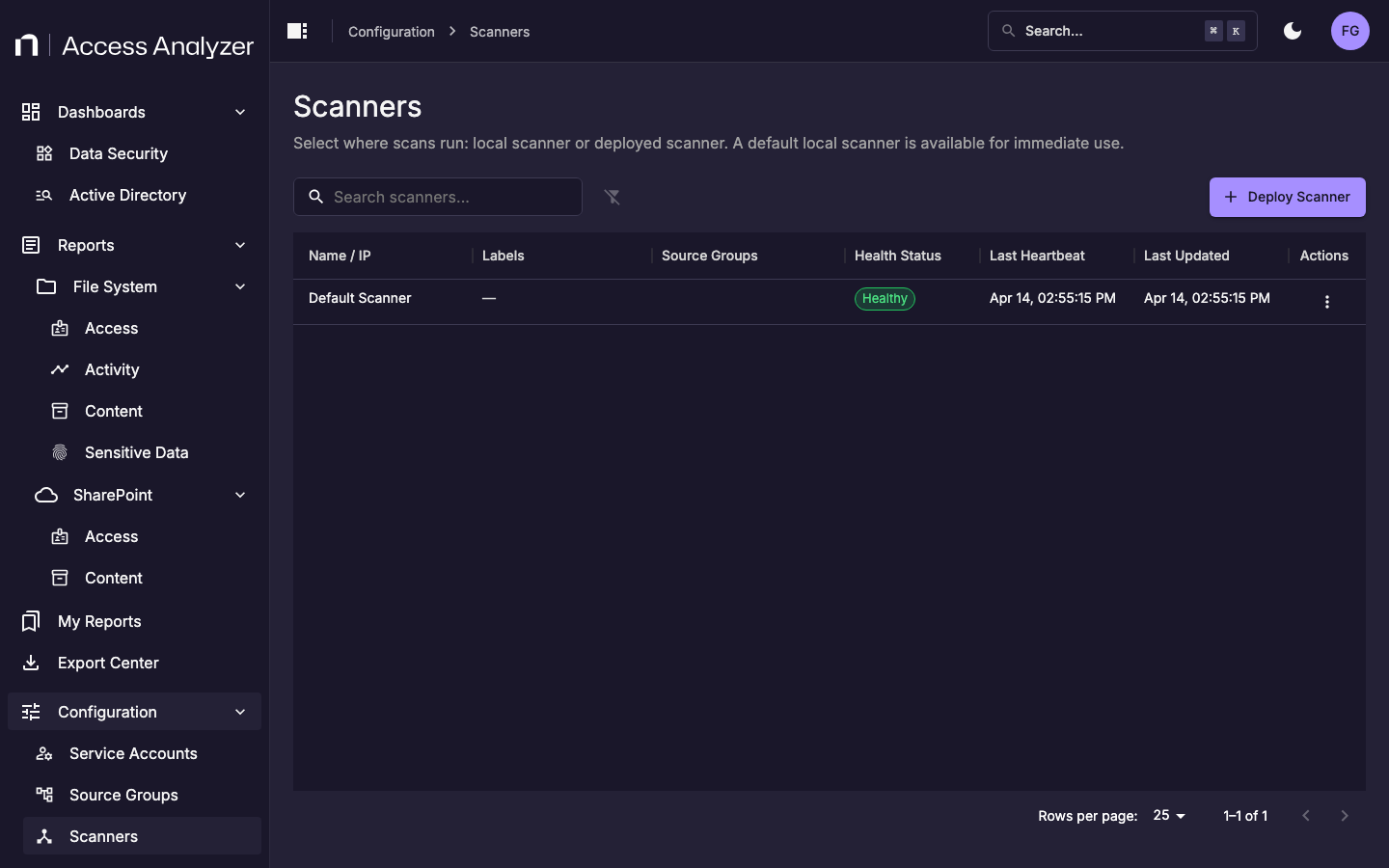 Scanners list showing the Default Scanner with columns for Name/IP, Labels, Source Groups, Health Status, and Last Heartbeat