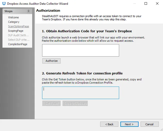 Dropbox Access Auditor Data Collector Wizard Scan Options page