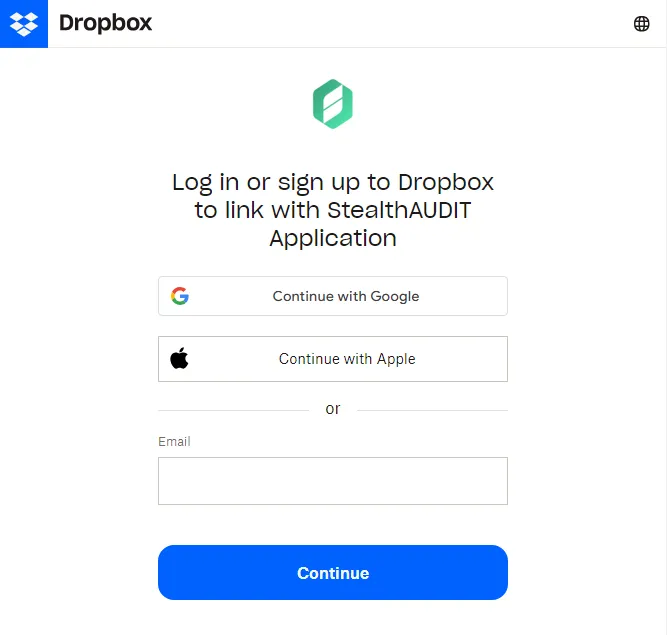 Dropbox Log in page