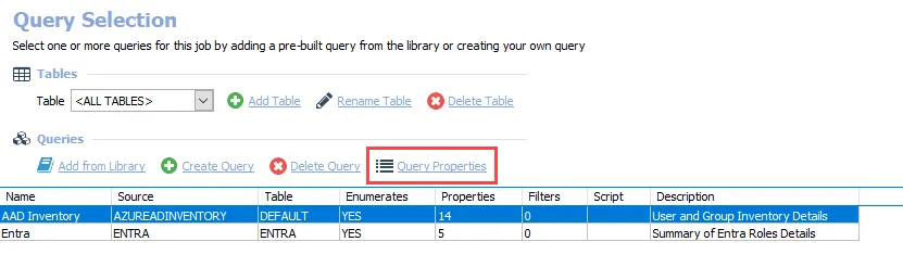 Query Properties button on Query Selection page