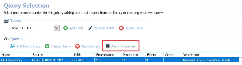 Query Properties button on Query Selection page