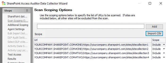 SPAA Data Collector Wizard Scan Scoping Options page
