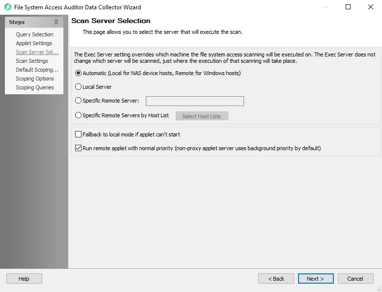 FSAA Data Collector Wizard Scan Server Selection page