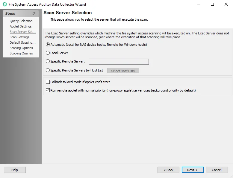 FSAA Data Collector Wizard Scan Server Selection page