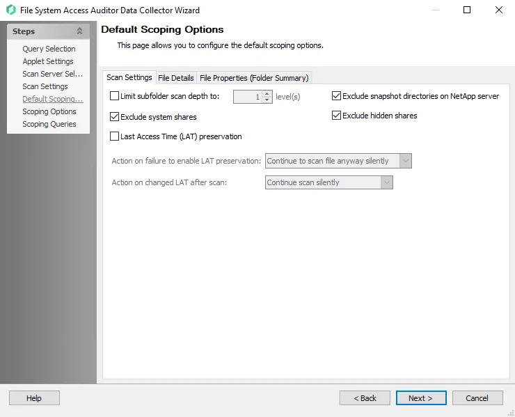 FSAA Data Collector Wizard Default Scoping Options page