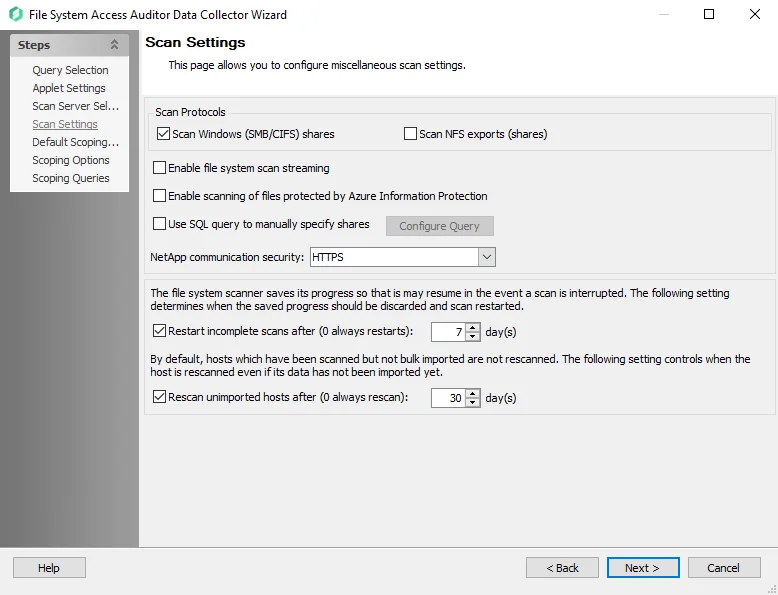 FSAA Data Collector Wizard Scan Settings page