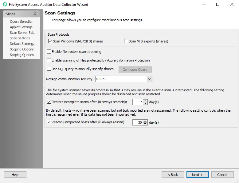 FSAA Data Collector Wizard Scan Settings page