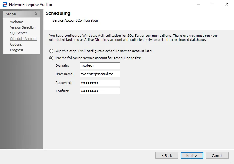 Schedule Account Configuration page