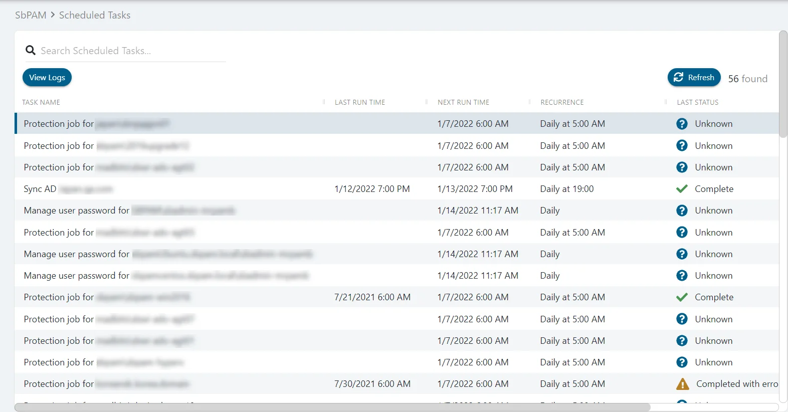Scheduled Tasks page