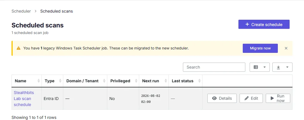 A screenshot of the Scheduled scans overview page, listing scan jobs with their type, target, next run time, and last status.