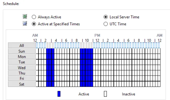 Schedule section in a policy set to Active at Specific Times