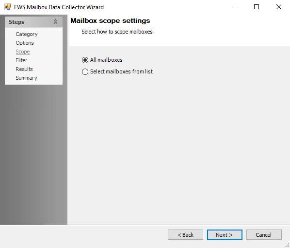 EWS Mailbox Data Collector Wizard Scope page