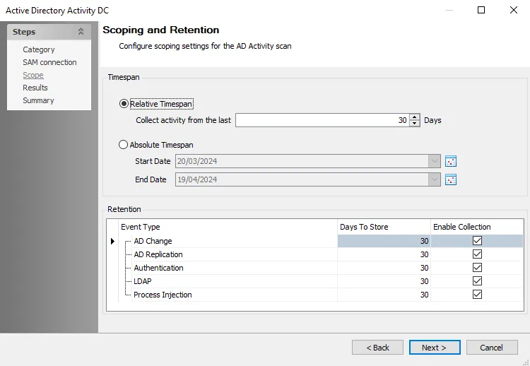 Active Directory Activity DC wizard Scoping and Retention page