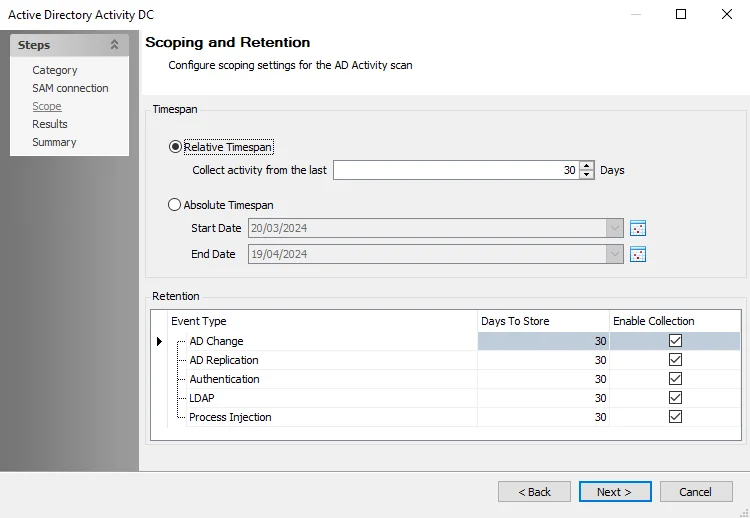 Active Directory Activity DC wizard Scoping and Retention page