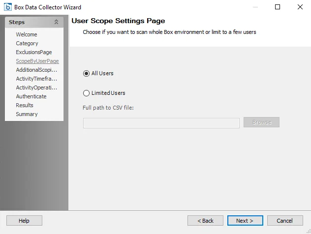 Box DC Wizard User Scope Settings page
