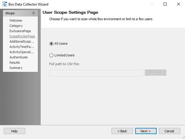Box DC Wizard User Scope Settings page