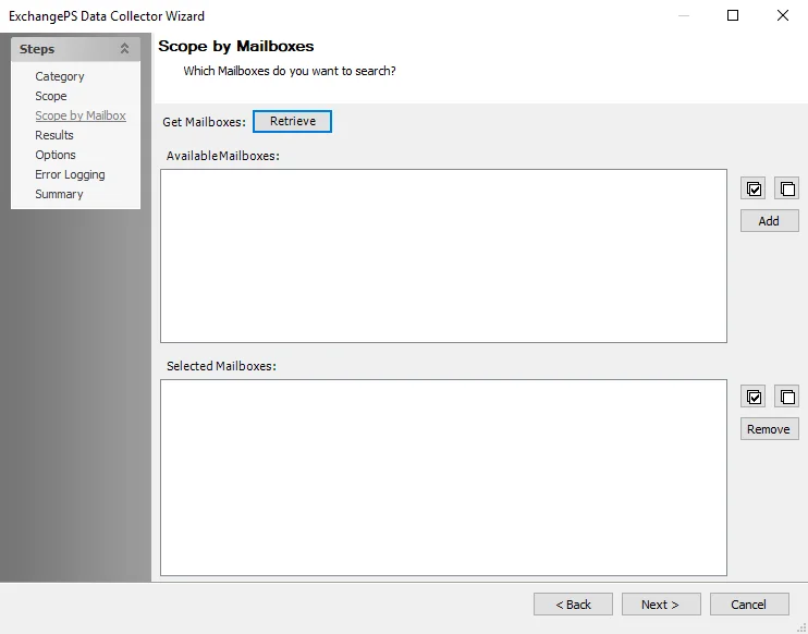 ExchangePS Data Collector Wizard Scope by Mailboxes page