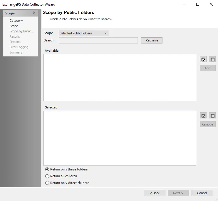 ExchangePS Data Collector Wizard Scope by Public Folders page with Selected Public Folders option