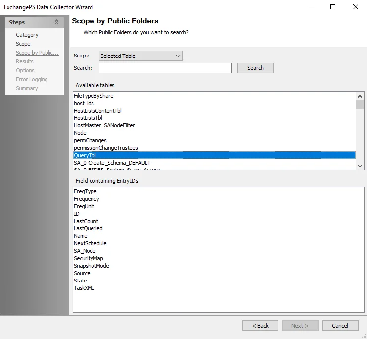 ExchangePS Data Collector Wizard Scope by Public Folders page with Selected Table option