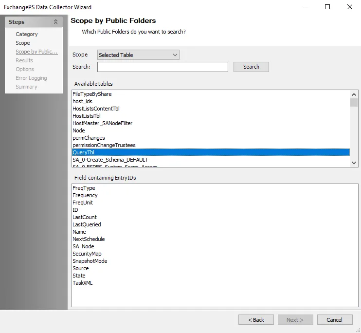 ExchangePS Data Collector Wizard Scope by Public Folders page with Selected Table option