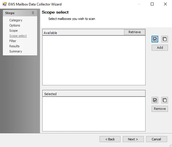 EWS Mailbox Data Collector Wizard Scope select page