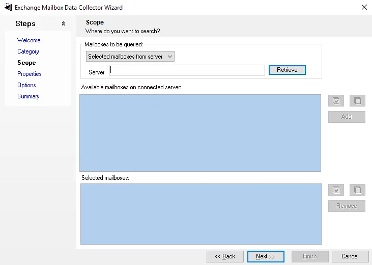 Scope page with Selected mailboxes from server selected
