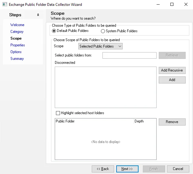 Scope page with Selected Public Folders option selected
